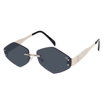 Shop Rayzen Hexagonal Rimless Black Silver Sunglasses