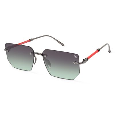 Shop Vesko Rectangle Rimless Green &amp; Metalic Sunglasses